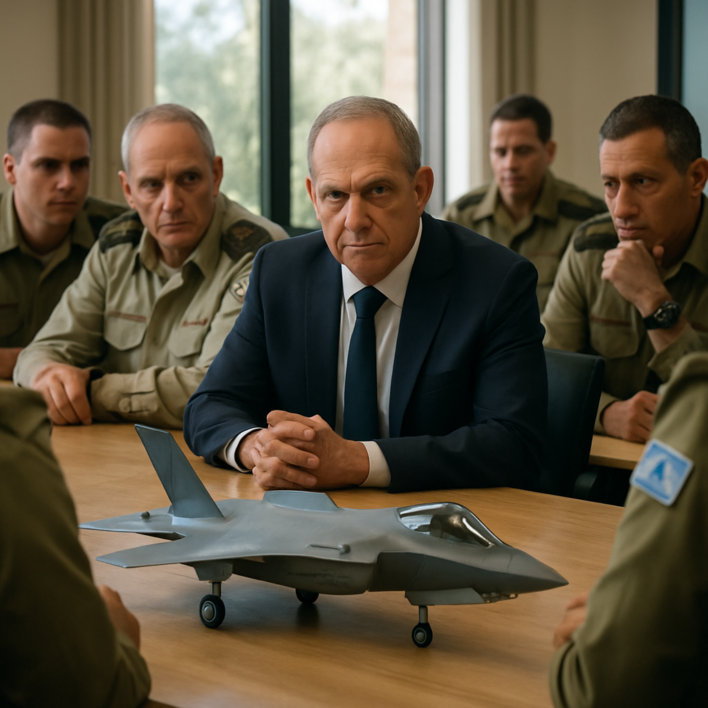 Israeli military officials gather around a model of a fighter jet in a defense ministry briefing room.