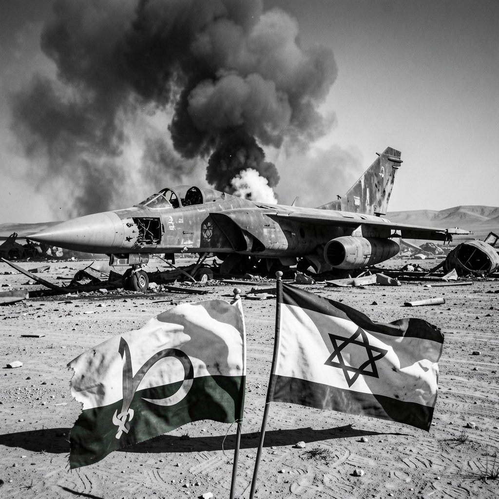 Smoldering fighter jet wreckage in desert landscape with explosion and discarded flags.