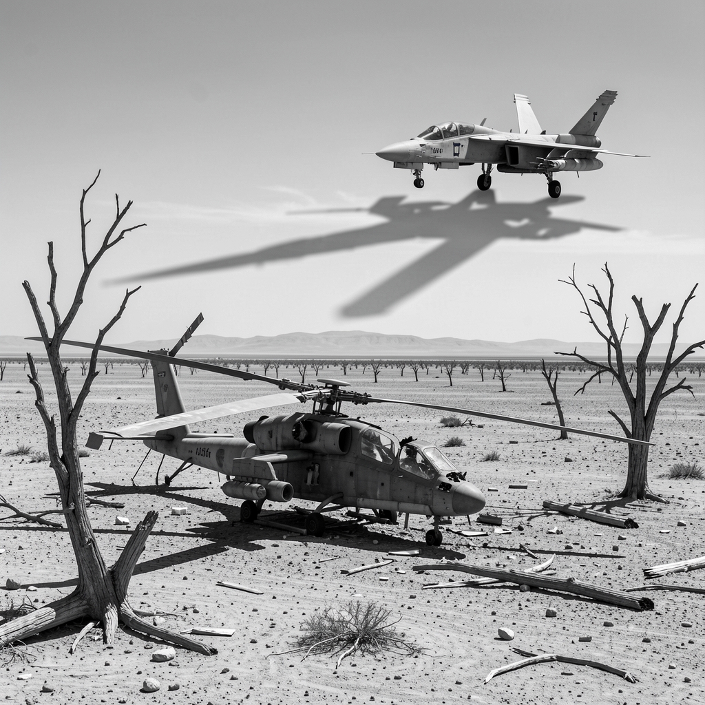Damaged Iranian attack helicopter in desert landscape with Israeli fighter jet flying low in background.