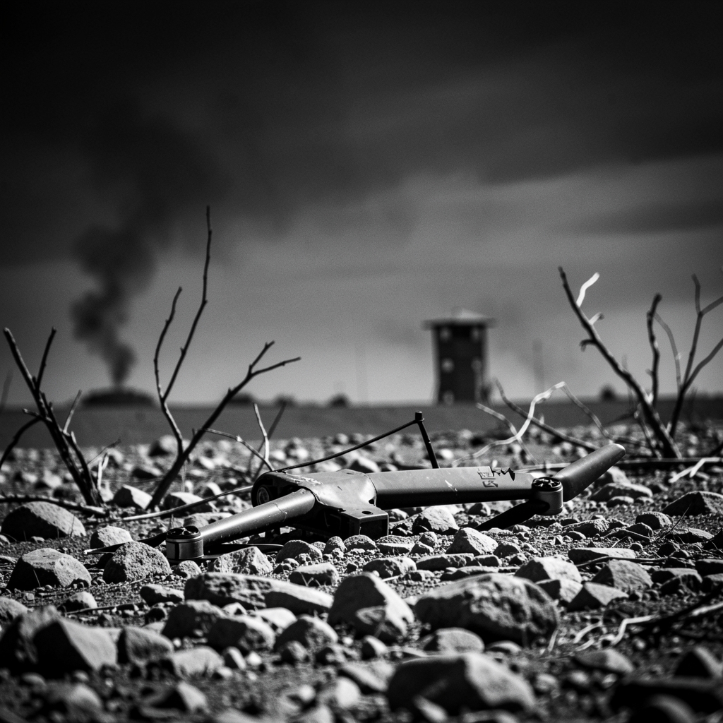 Mangled drone wing lies in rocky landscape with smoke rising in distance under darkened sky.