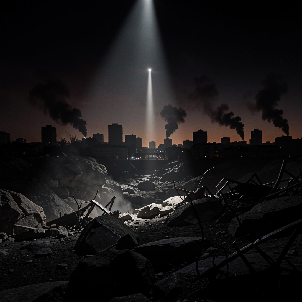 Darkened cityscape at dusk with multiple smoke plumes and a lone searchlight beam illuminating rugged terrain.