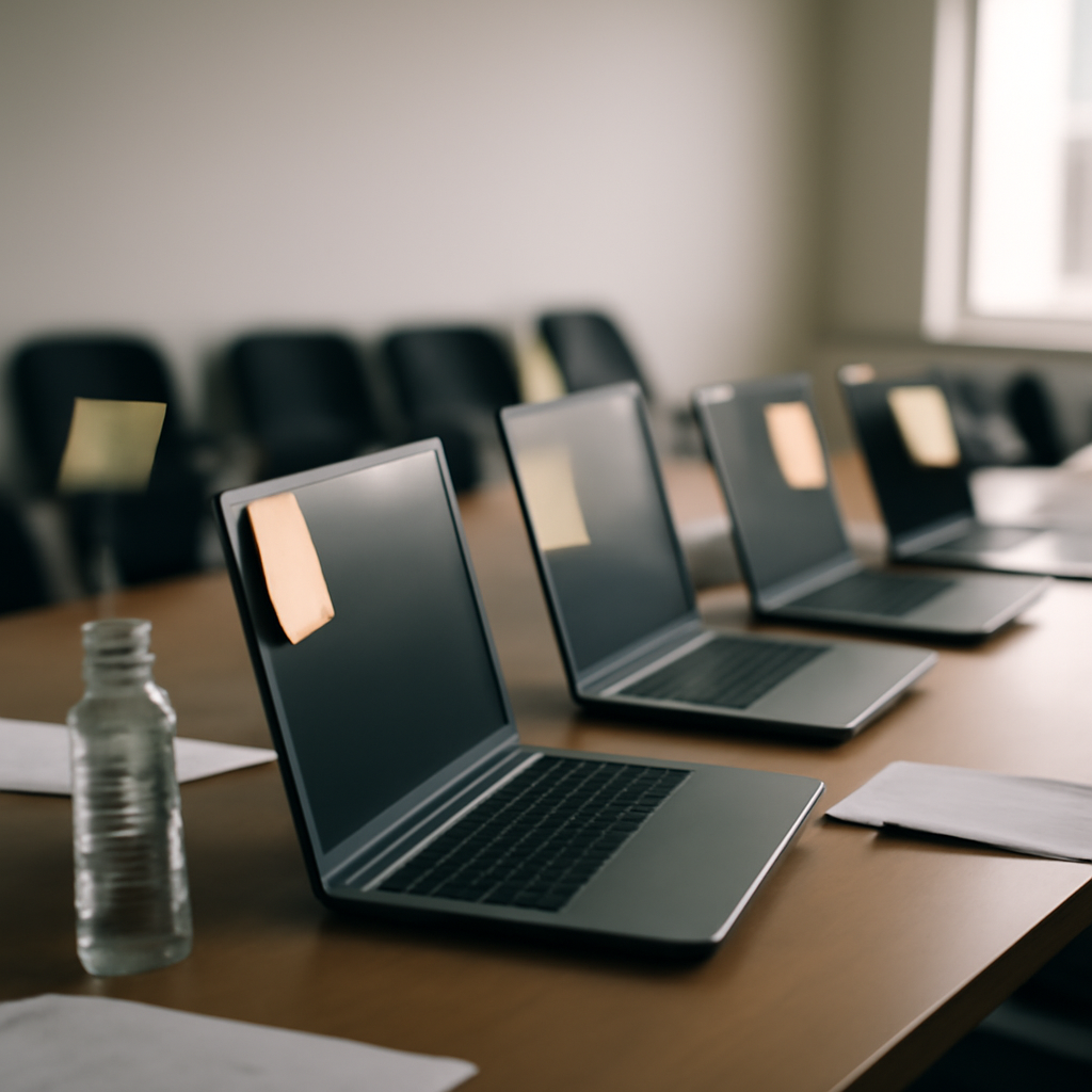 Laptops with sticky notes on a conference room table, surrounded by scattered papers and chairs.