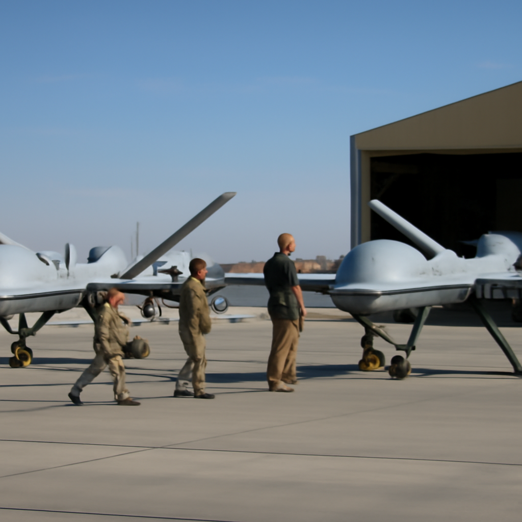 Two MQ-9A Reaper drones on a tarmac surrounded by military personnel.