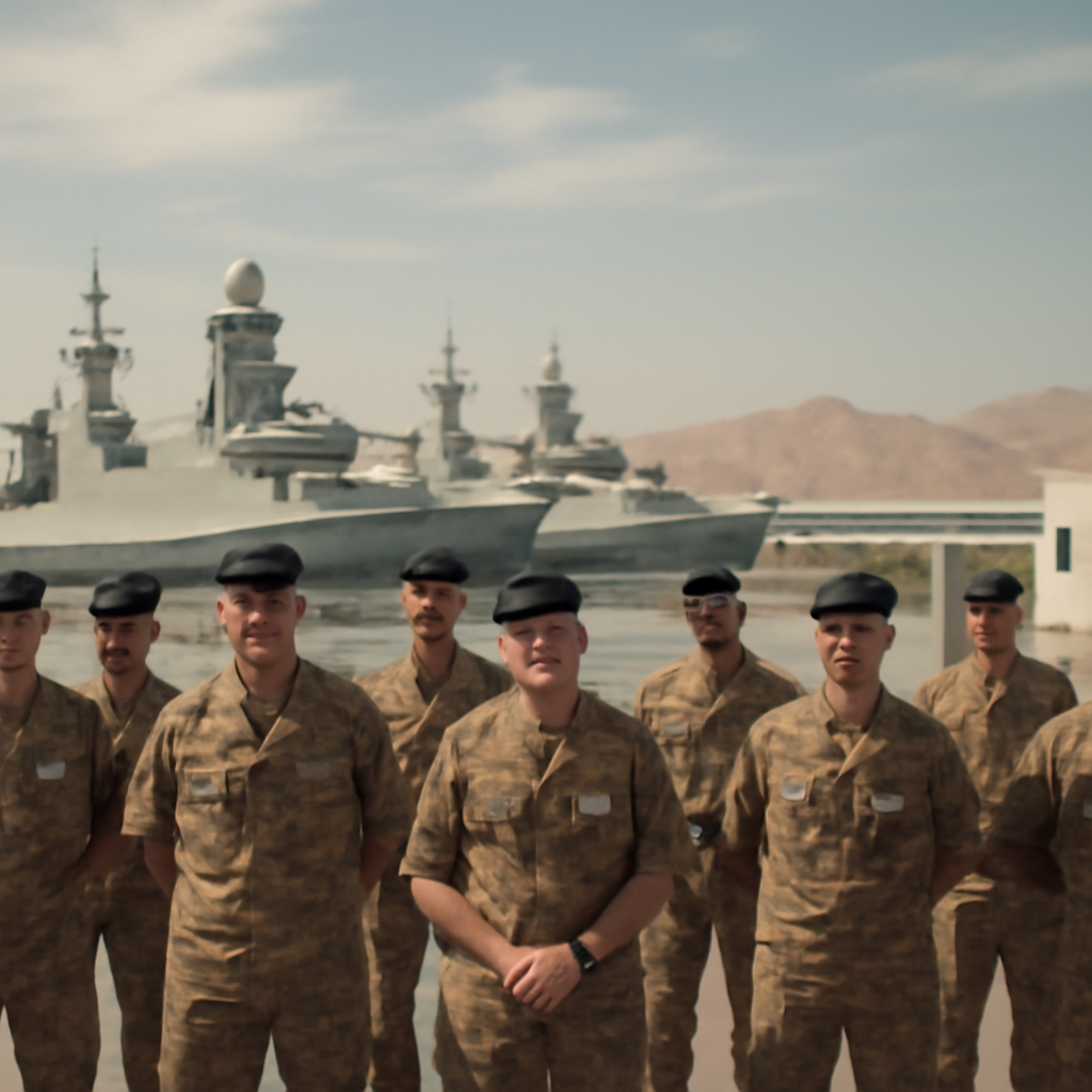 Italian military personnel stand in formation near warships in a desert base.