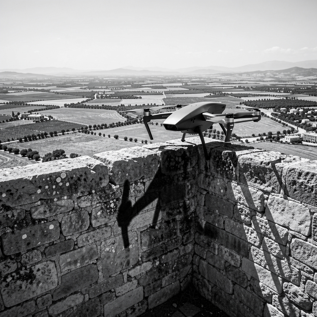 Futuristic drone perched on ancient stone wall overlooking Mediterranean landscape.