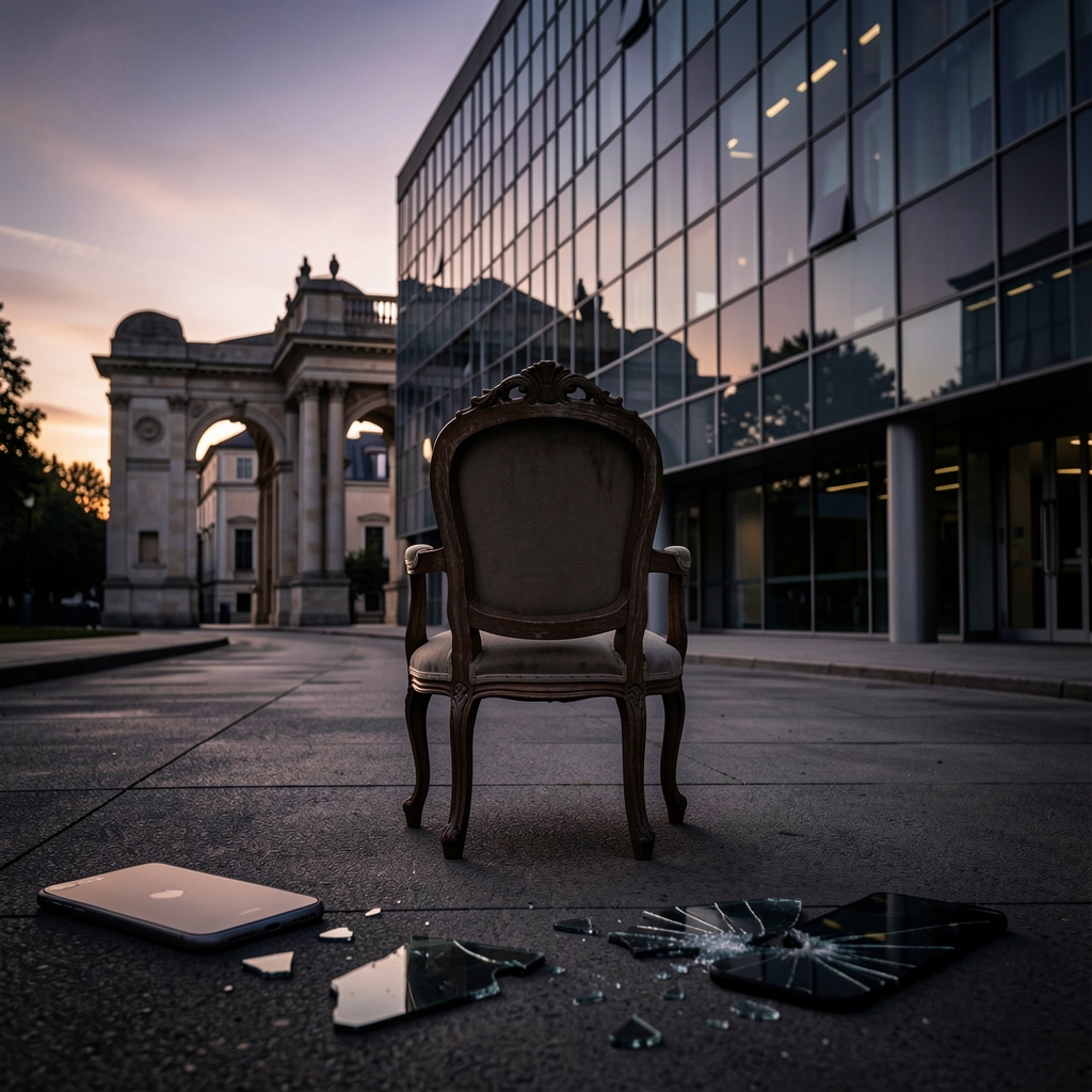 Ornate chair faces away from sleek tech headquarters at dusk, with Renaissance-style architecture and shattered smartphone…
