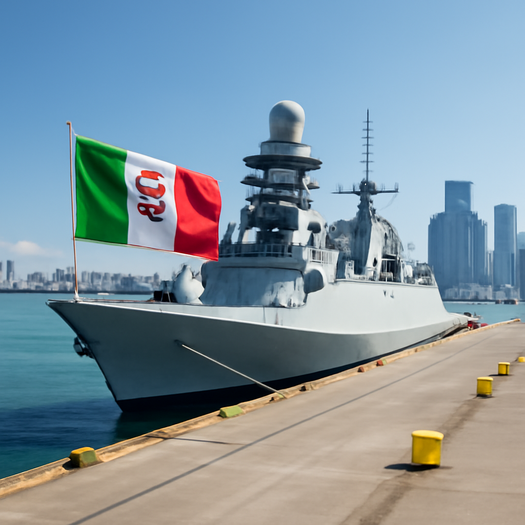 Italian warship docked at Southeast Asian port with city skyline in background.