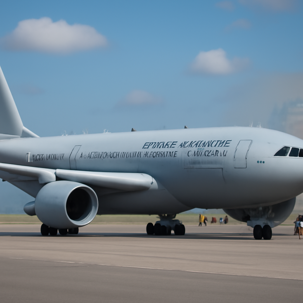 Airbus A330 MRTT aircraft on a runway with Italian Ministry of Defense insignia and service vehicles in the background.
