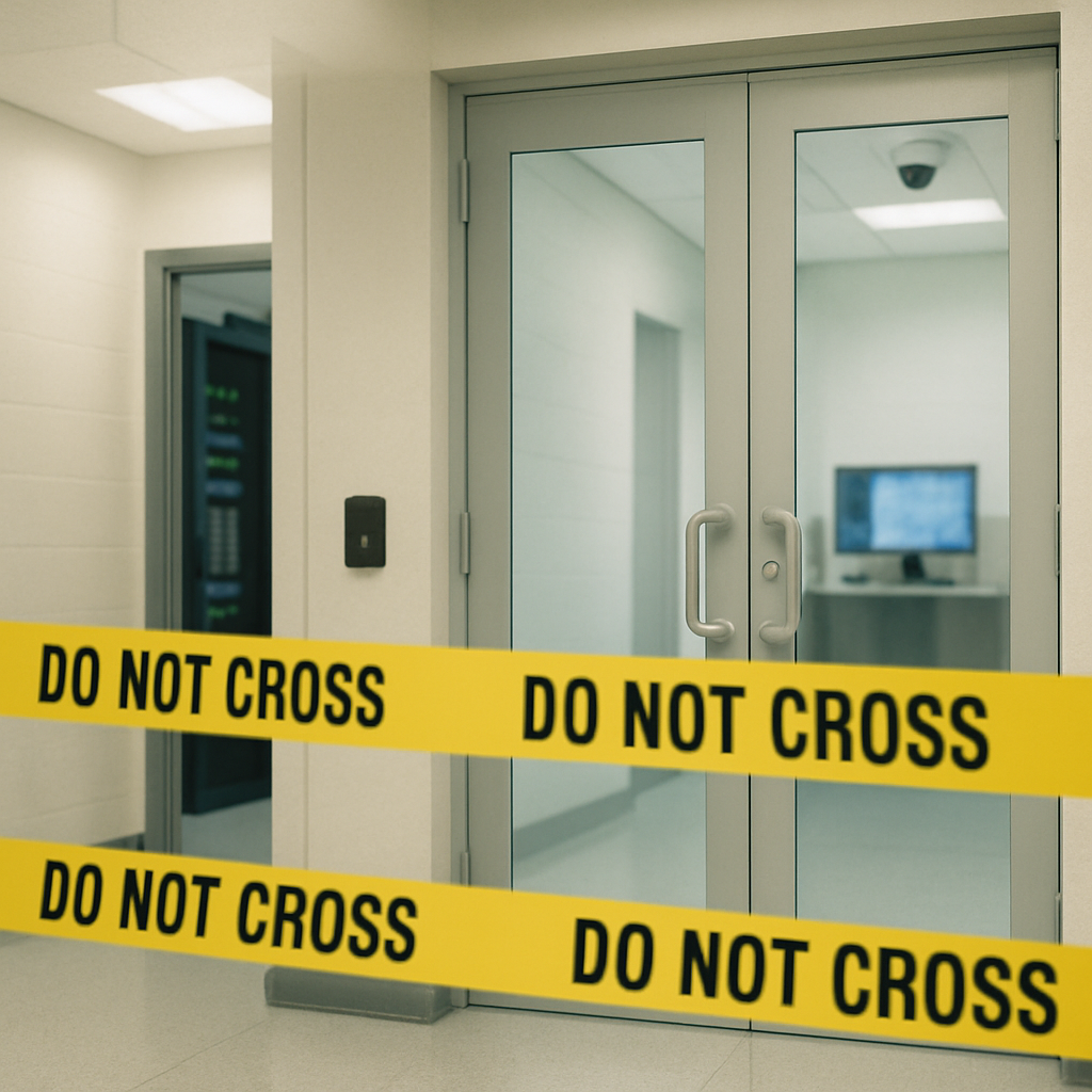 Secure facility entrance with subtle tech infrastructure in background.