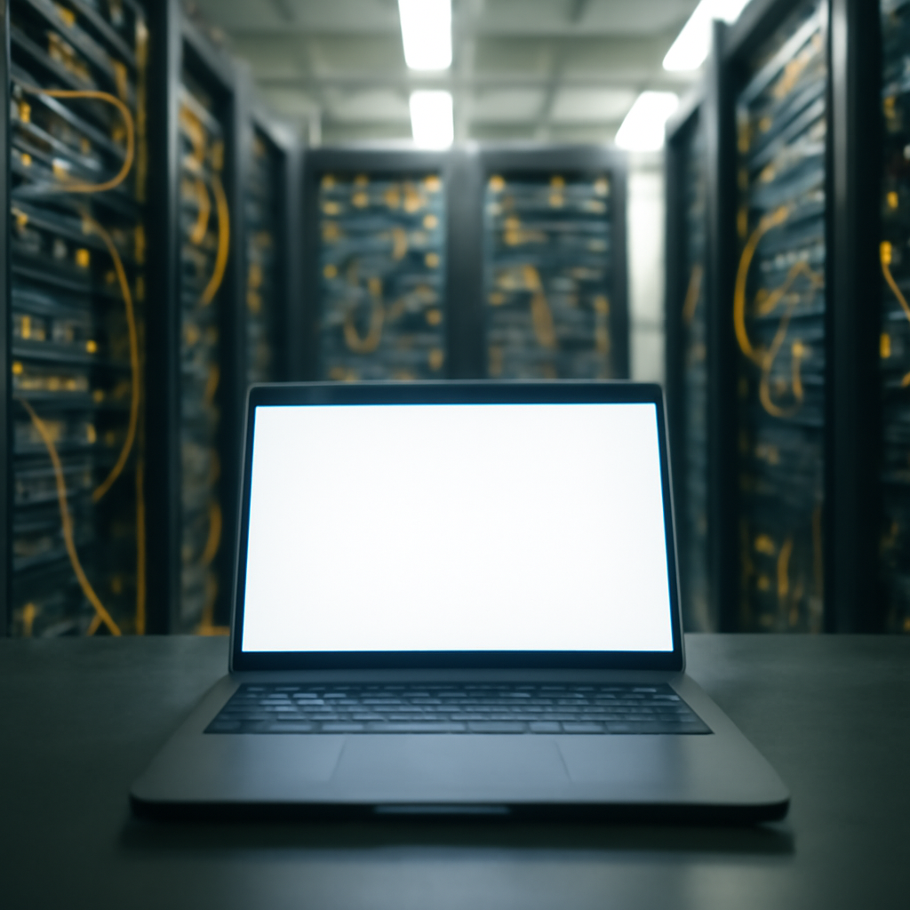 Rows of equipment and racks in a brightly-lit server room with a single unoccupied laptop in the foreground.