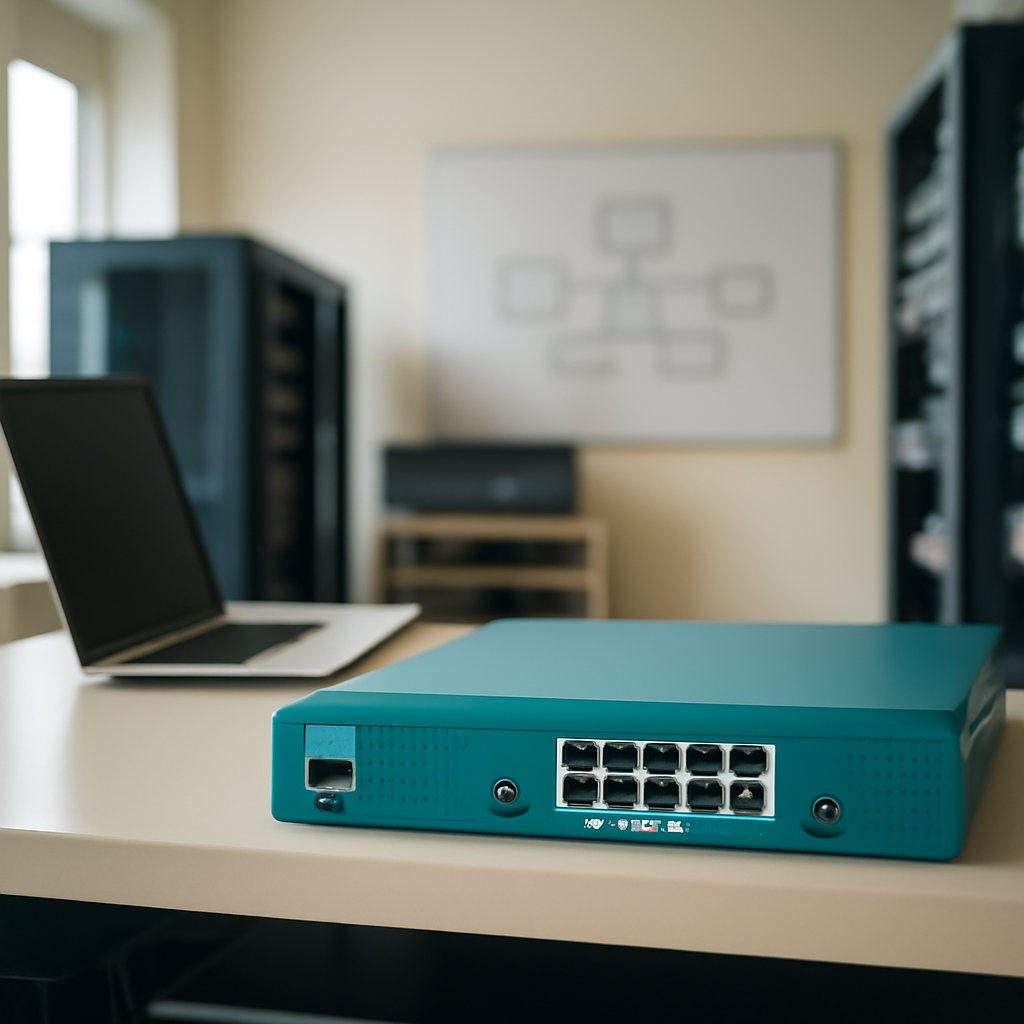 Network equipment room with devices and computer terminals in the background.