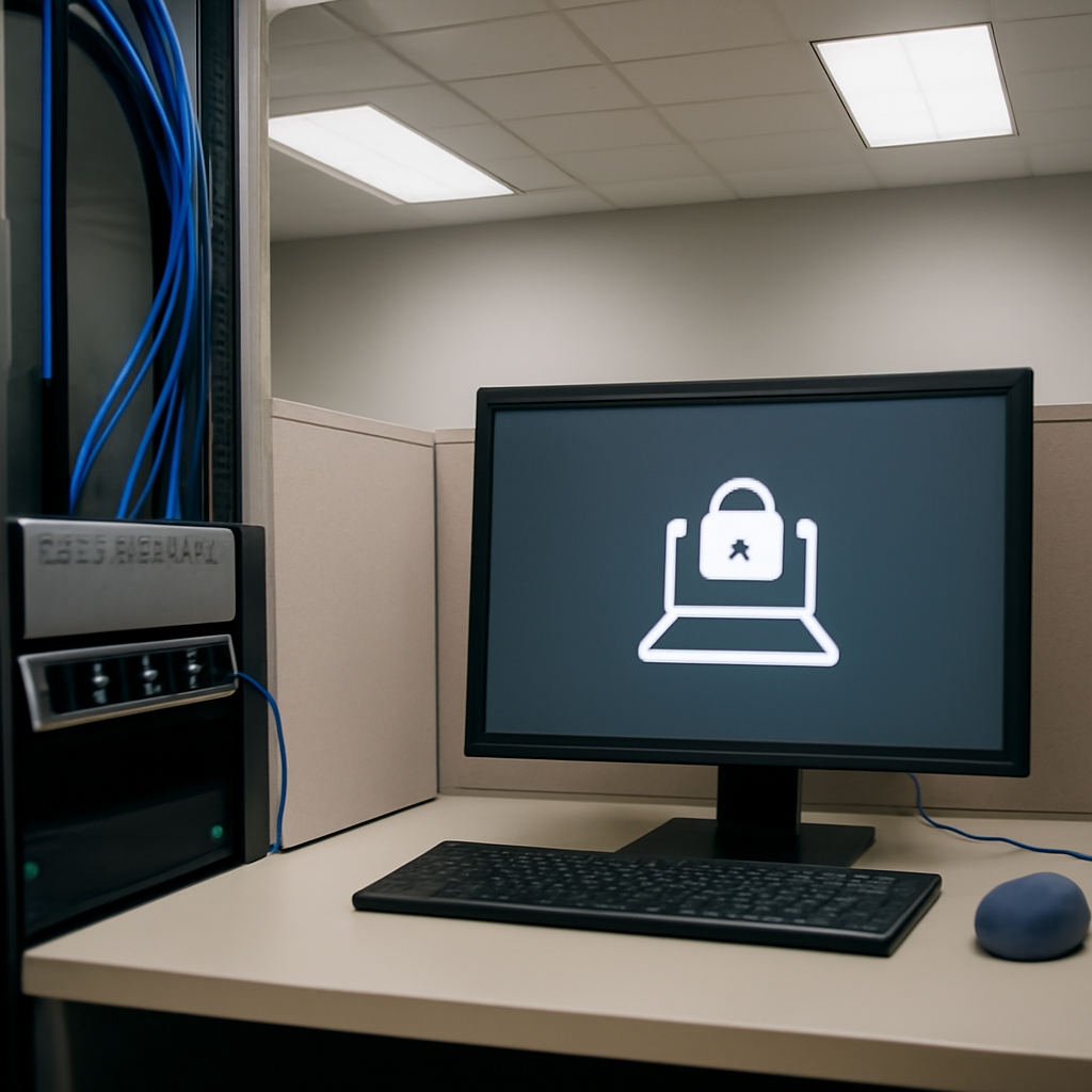 Modern network operations setup with router on a rack in a secure workspace.