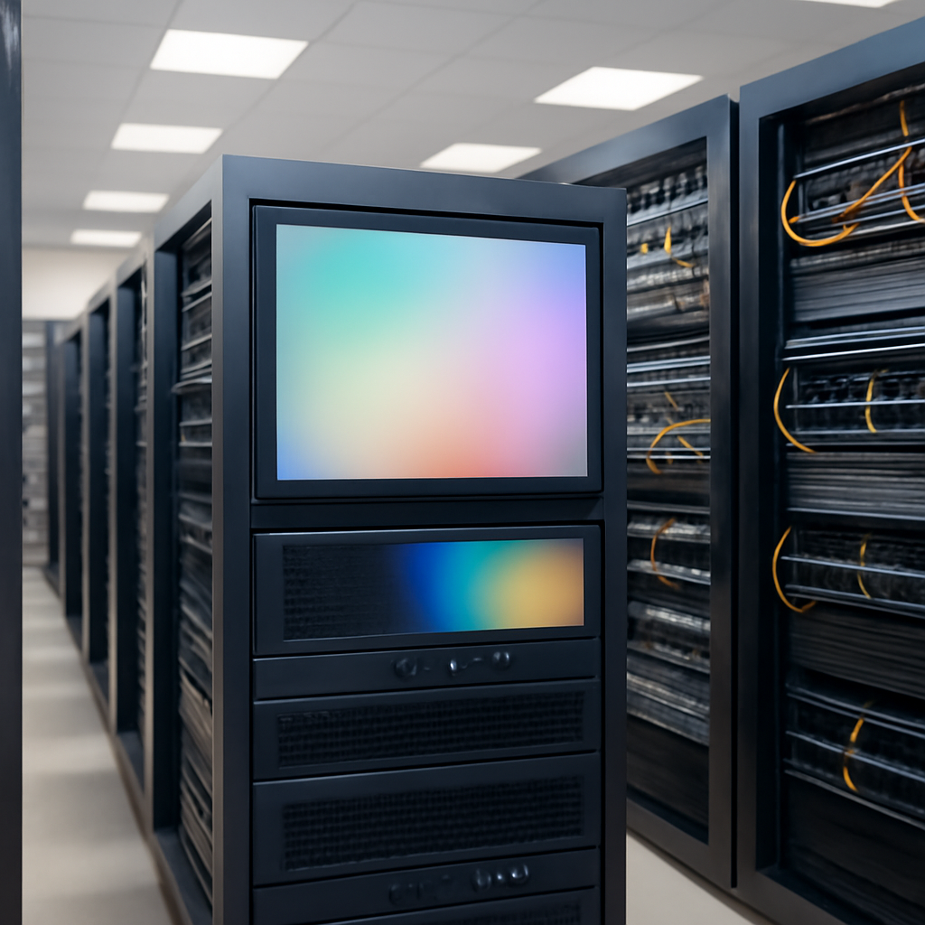 Rows of computer servers with a focused server displaying a blank screen in a brightly-lit network operations center.