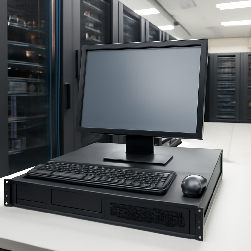 Rack-mounted Linux server in a data center with a blank screen.