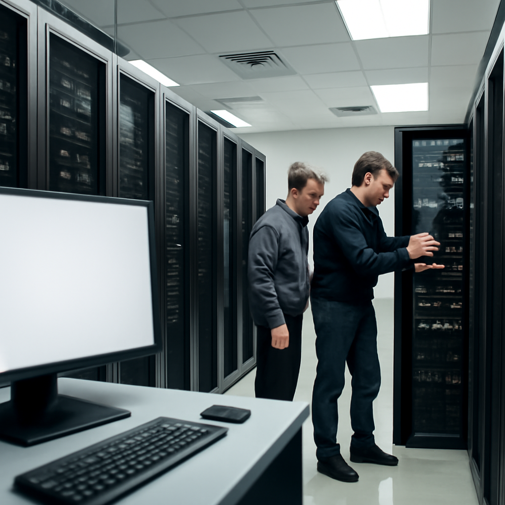 Technicians in a server room focus on equipment with a monitor nearby.