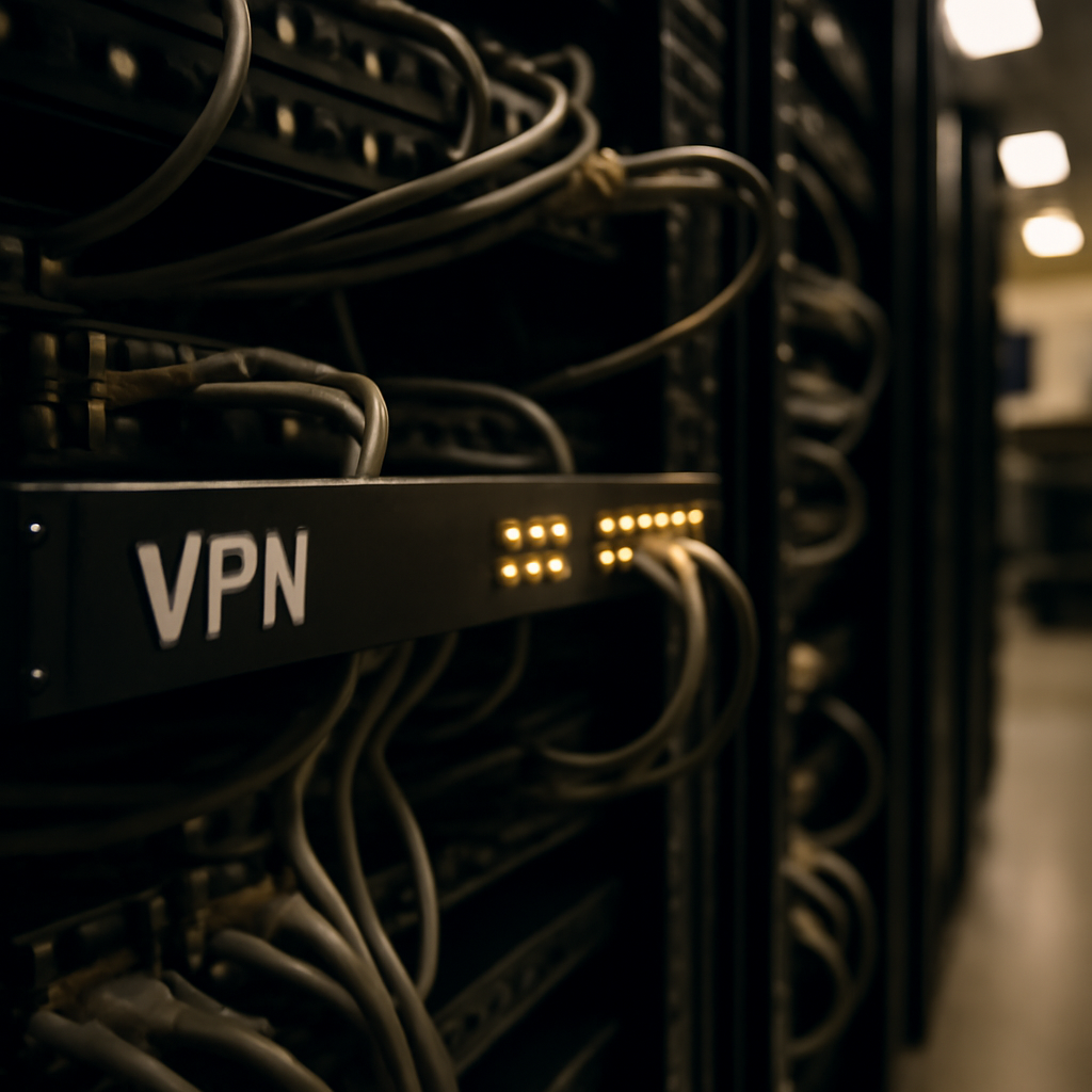 VPN appliance on a network rack in a dimly lit server room with maintenance area in the background.