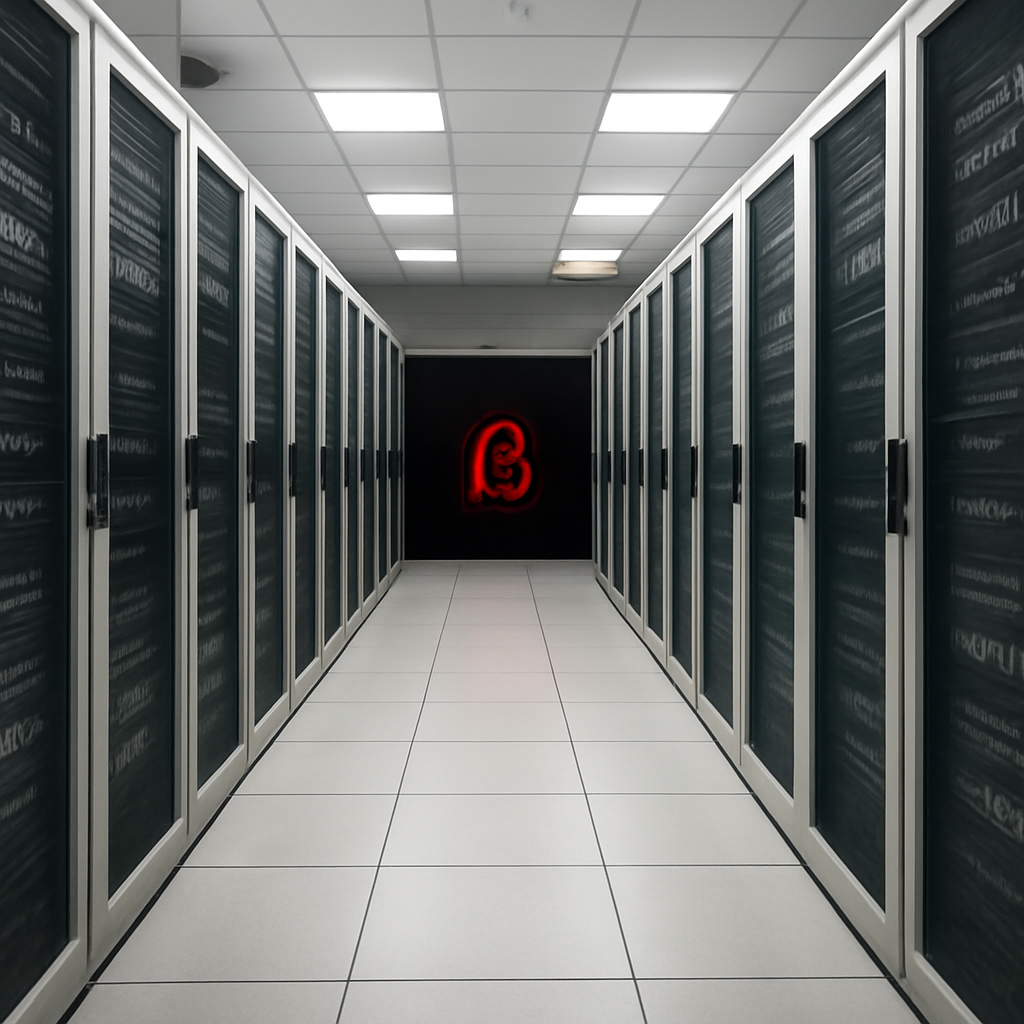 Rows of computer servers and storage equipment in a brightly-lit, empty data center.