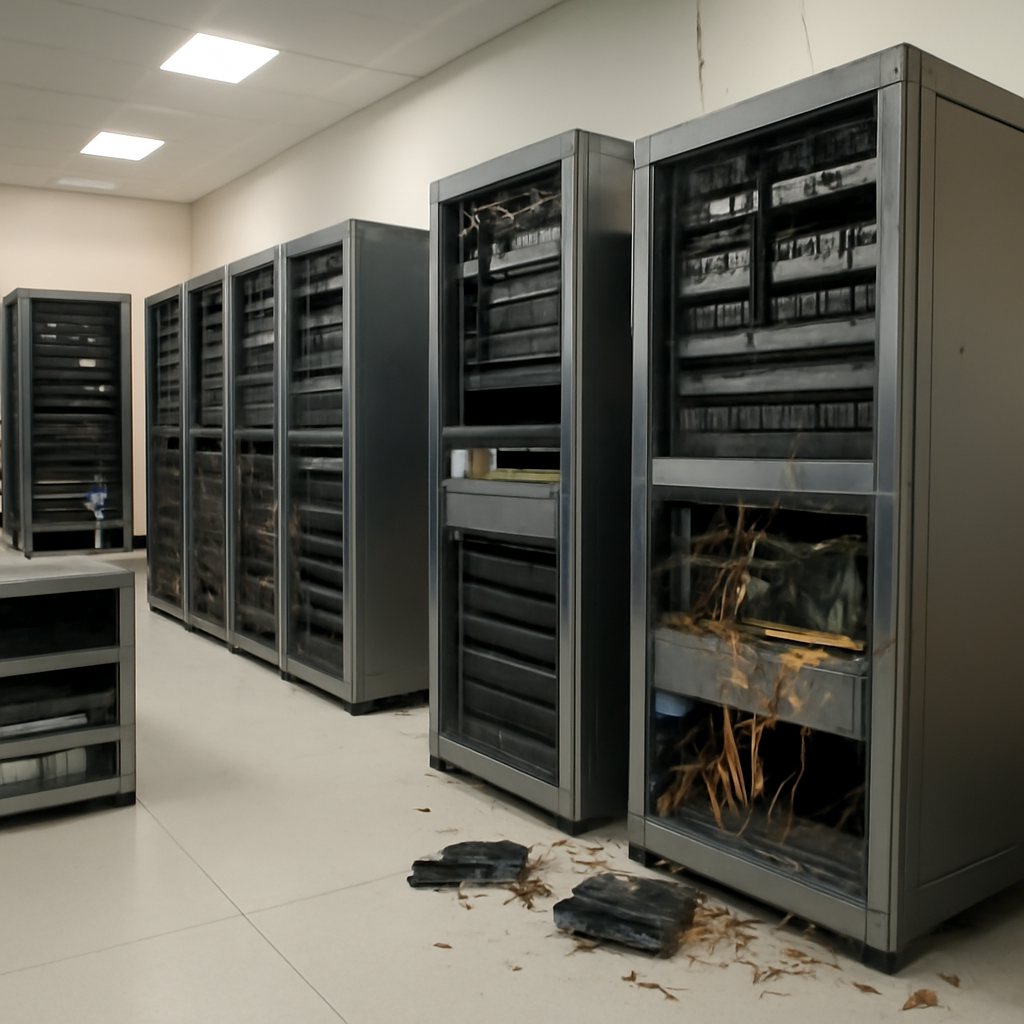 Damaged computer servers and storage units in a brightly-lit cloud data center.