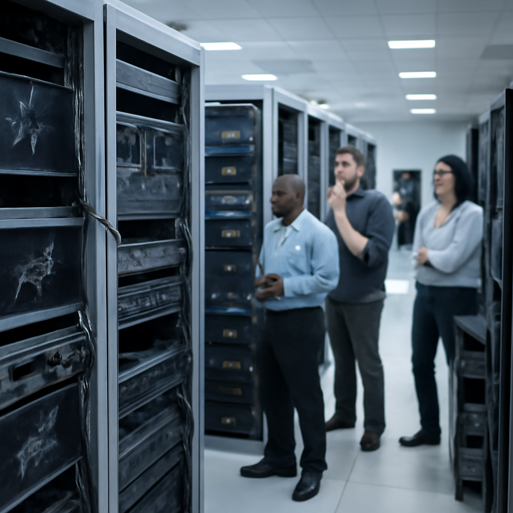 Damaged server equipment in a data center with concerned technicians in the background.