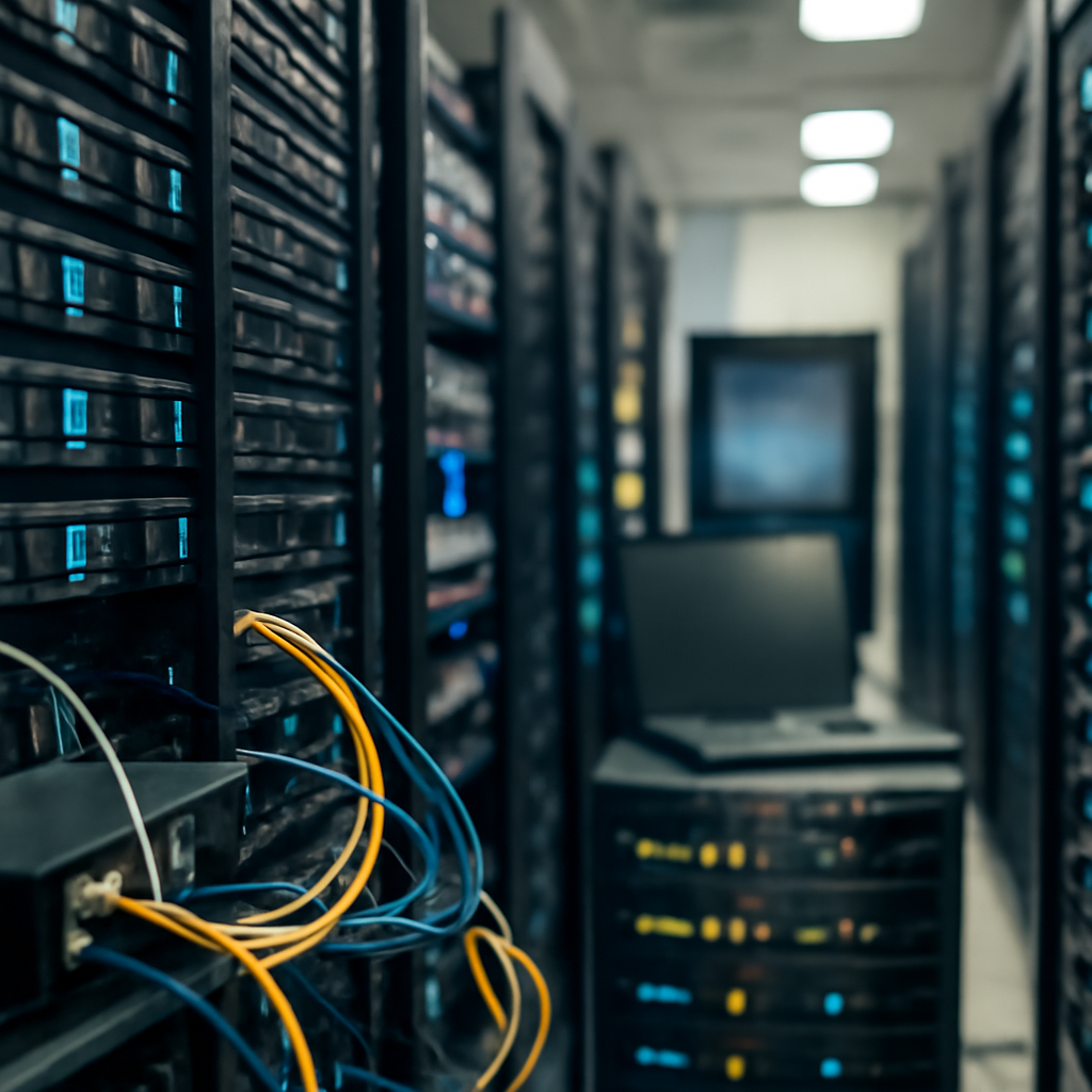 Rows of servers and storage units in a brightly-lit data center with cables and network equipment.