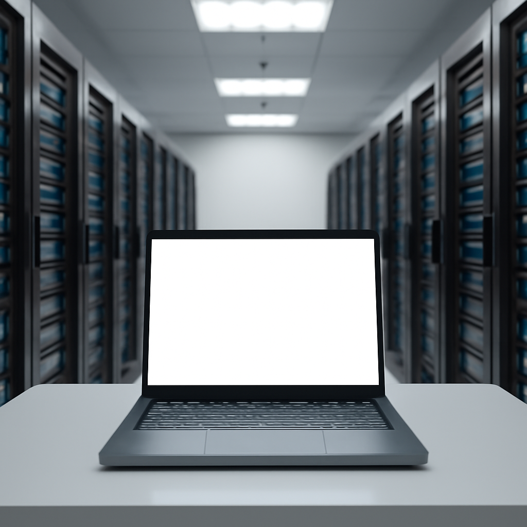 Server room with rows of computer servers and a lone laptop with a blank screen.