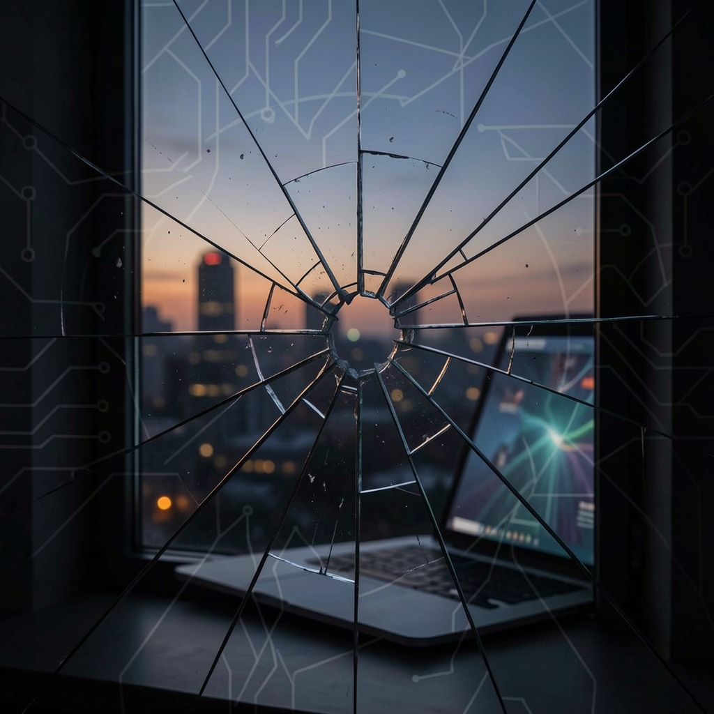 Cracked windowpane with sharp glass shards reflecting cityscape glow, symbolizing security breach and vulnerability.