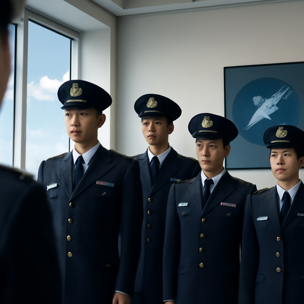 Japan Self-Defense Force personnel stand at attention in a briefing room with a display board featuring a spacecraft…