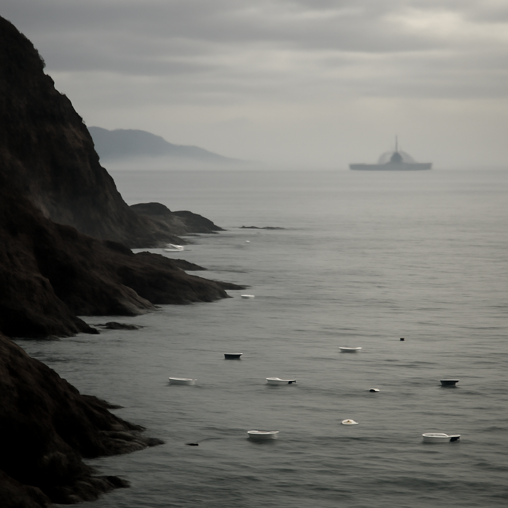 Rugged western Japan coastline with scattered floating debris in calm waters under a cloudy sky.