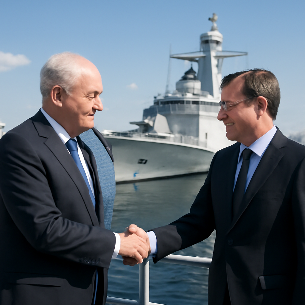 Two defense ministers shake hands on a naval ship deck with a modern frigate under construction in a sunny harbor.