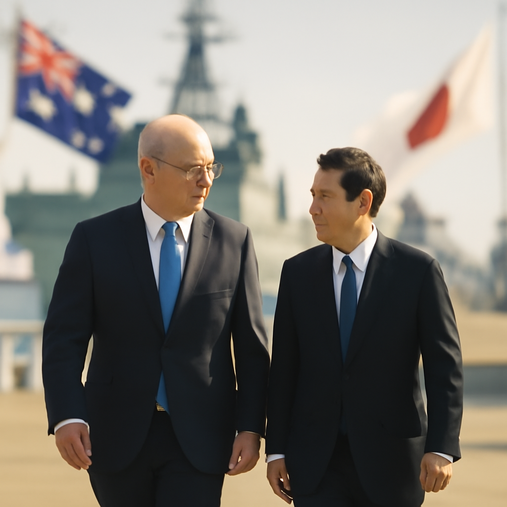 Two dignitaries in formal attire converse in front of a naval ship on a sunny day.
