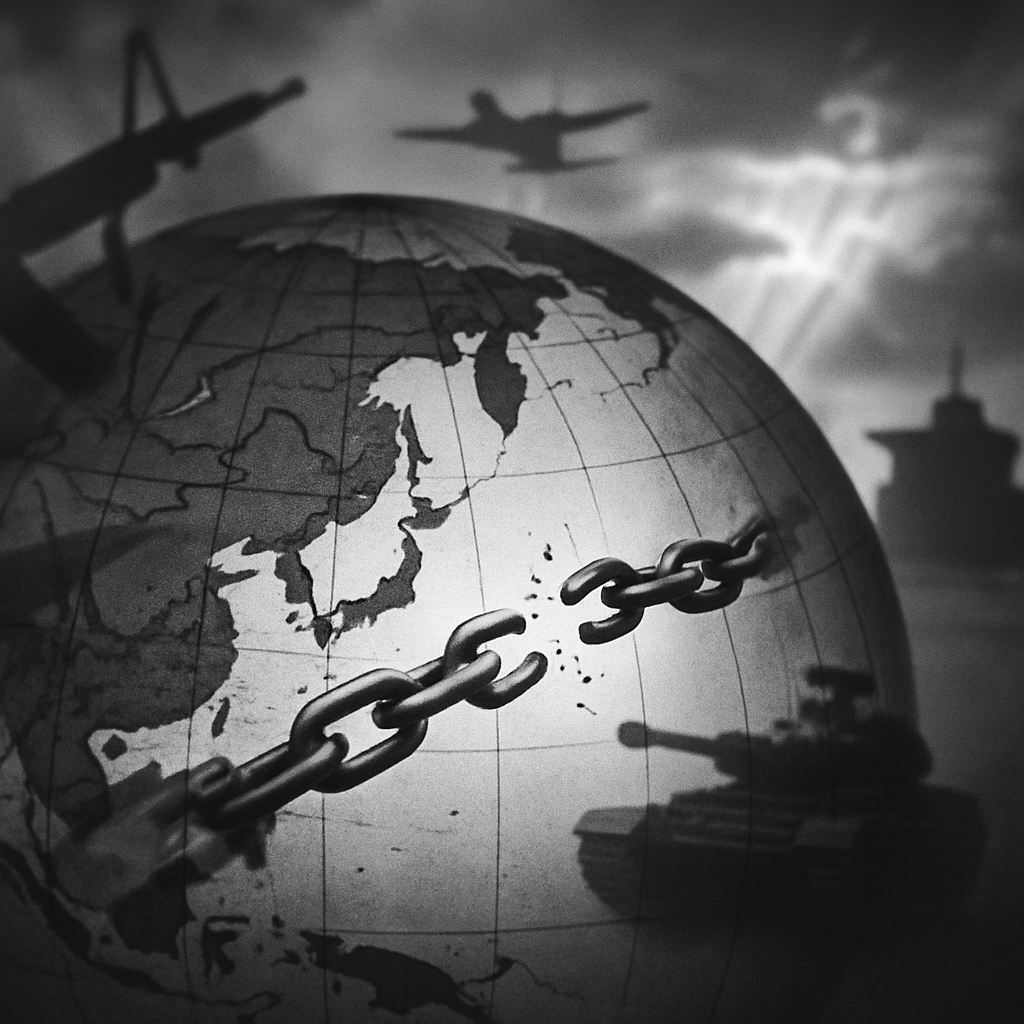 Globe centered on East Asia with ghostly military equipment and a broken chain in the foreground.