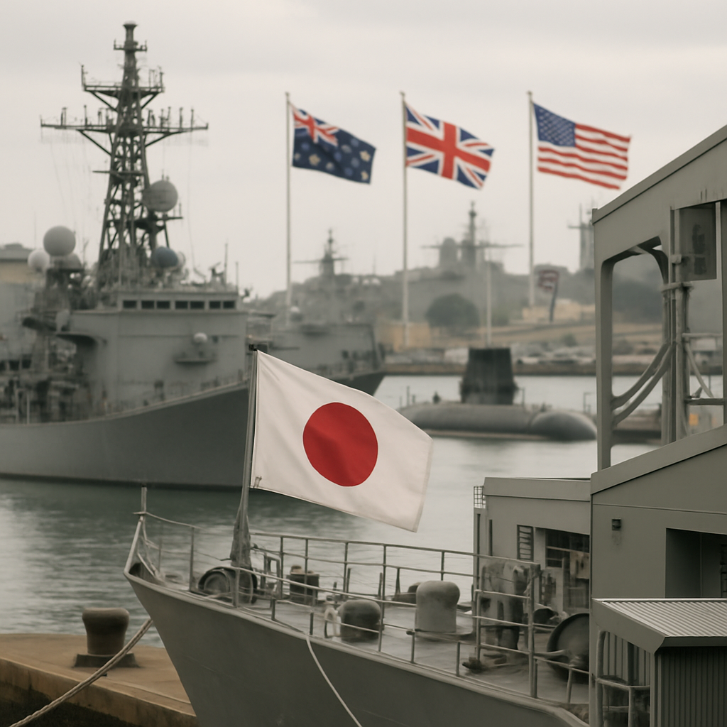Japanese shipyard in foreground, with Australian, British, and American flags in blurred background.