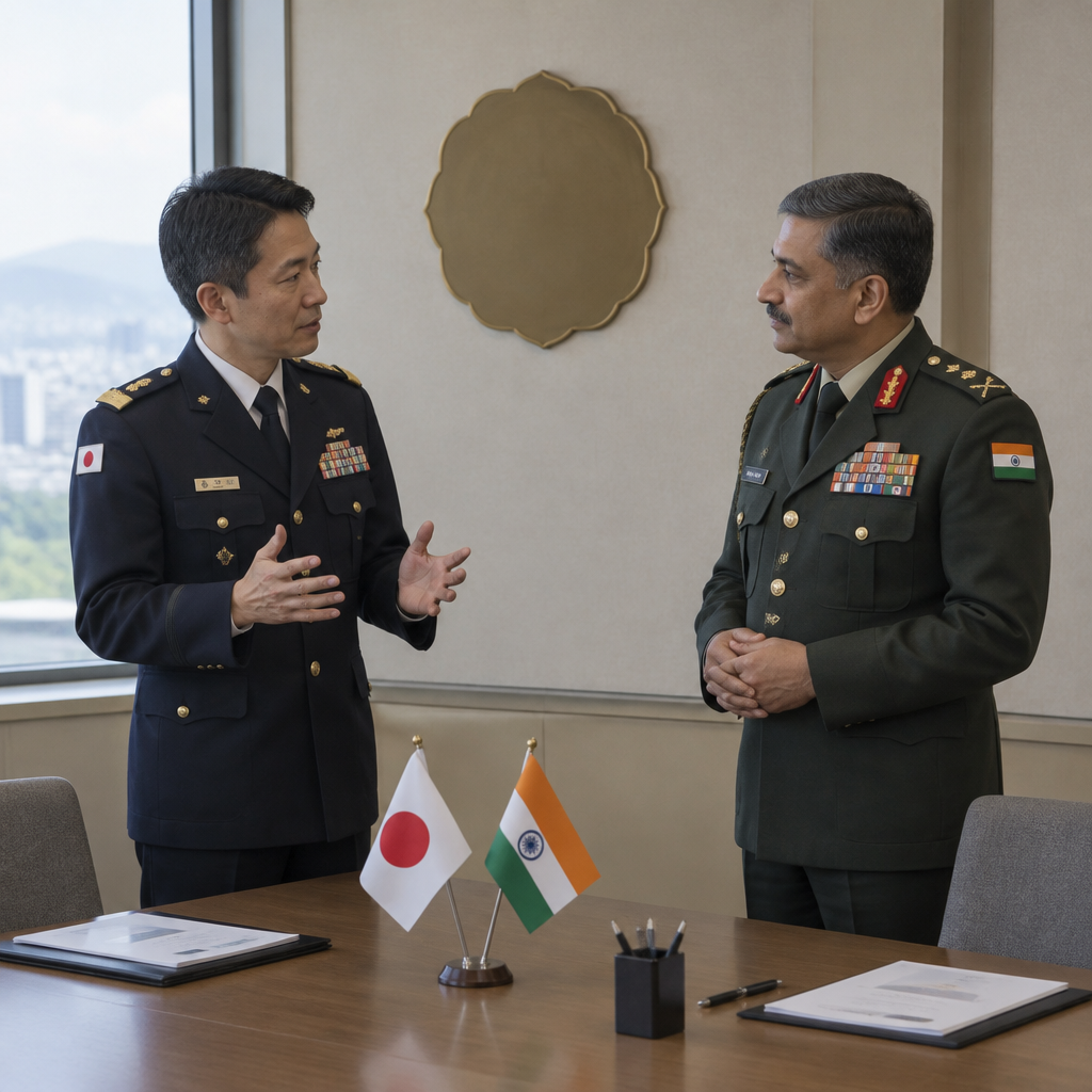 Two military officers from Japan and India stand in a formal briefing room with a large window, engaged in discussion.