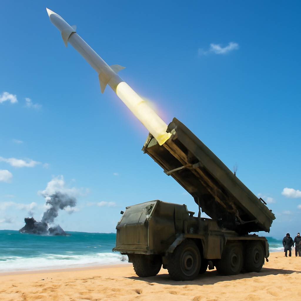 Missile launcher on a sun-baked beach targets a sinking ship in the distance.