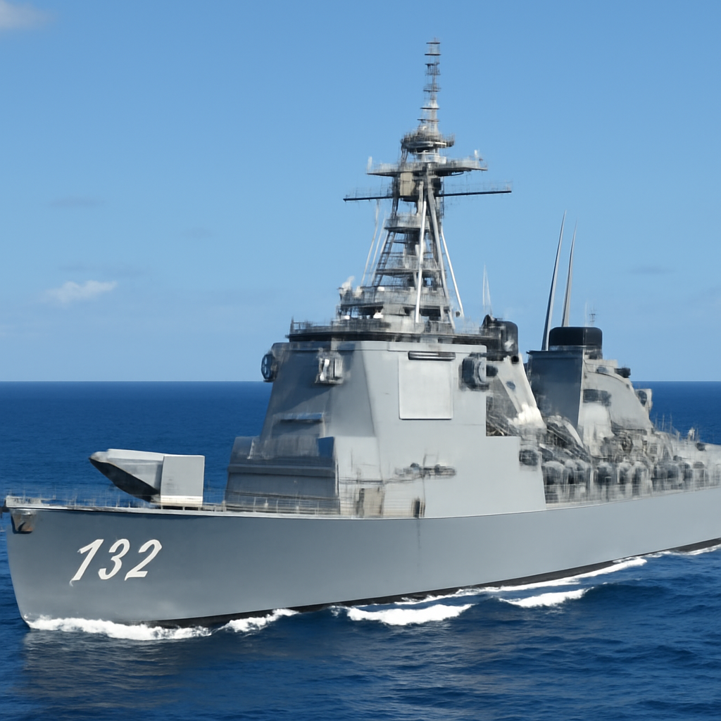 Japanese warship with Tomahawk missile launcher on deck in Pacific Ocean.