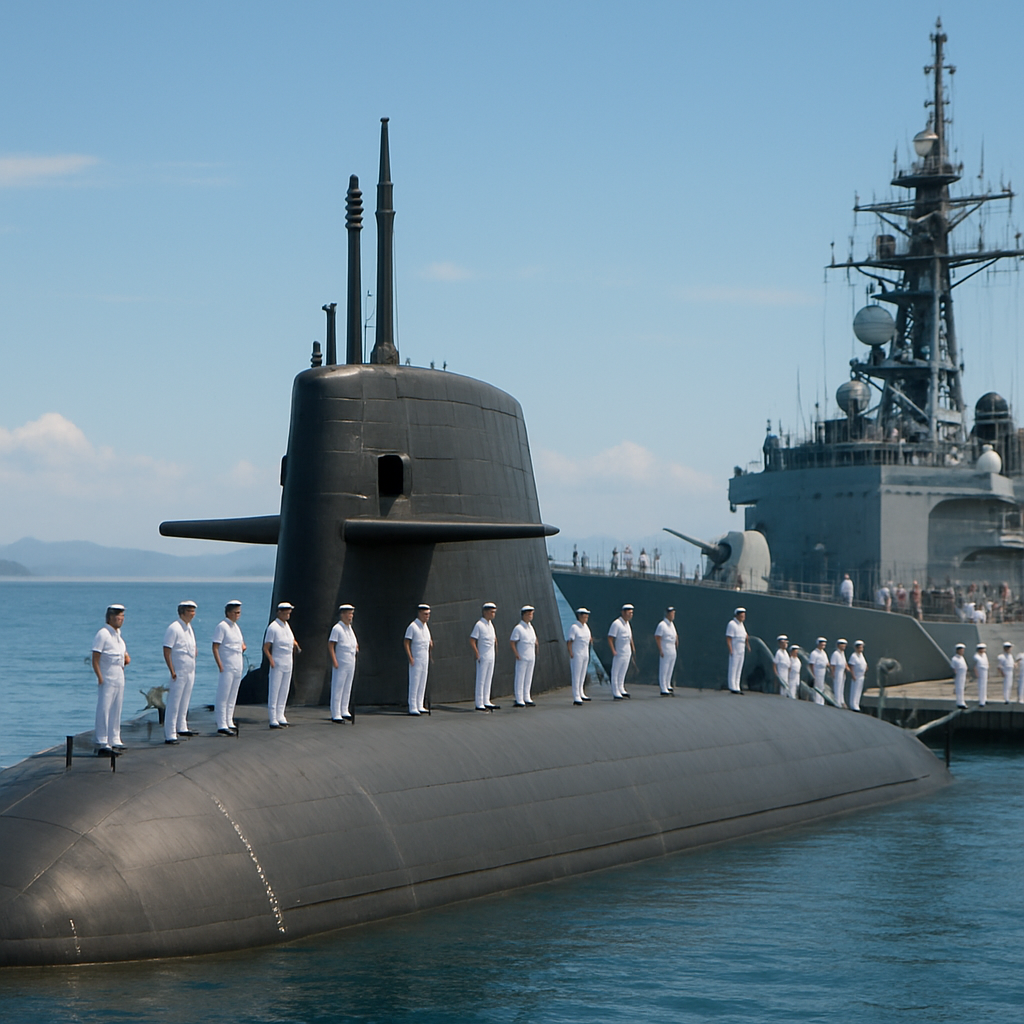 Japan Maritime Self-Defense Force ship underway at sea with sailors on deck.