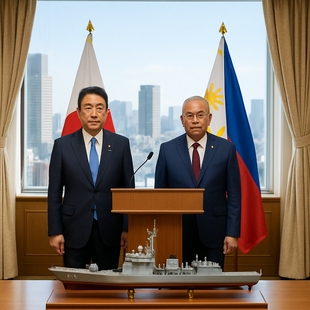 Japanese and Philippine defense officials stand beside a model naval vessel at a podium with a cityscape background.