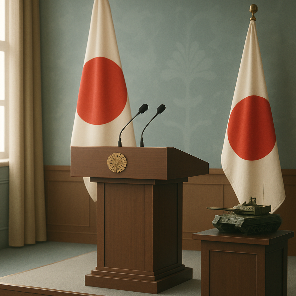 Formal Japanese government setting with podium, flags, and national emblems, conveying official announcement.