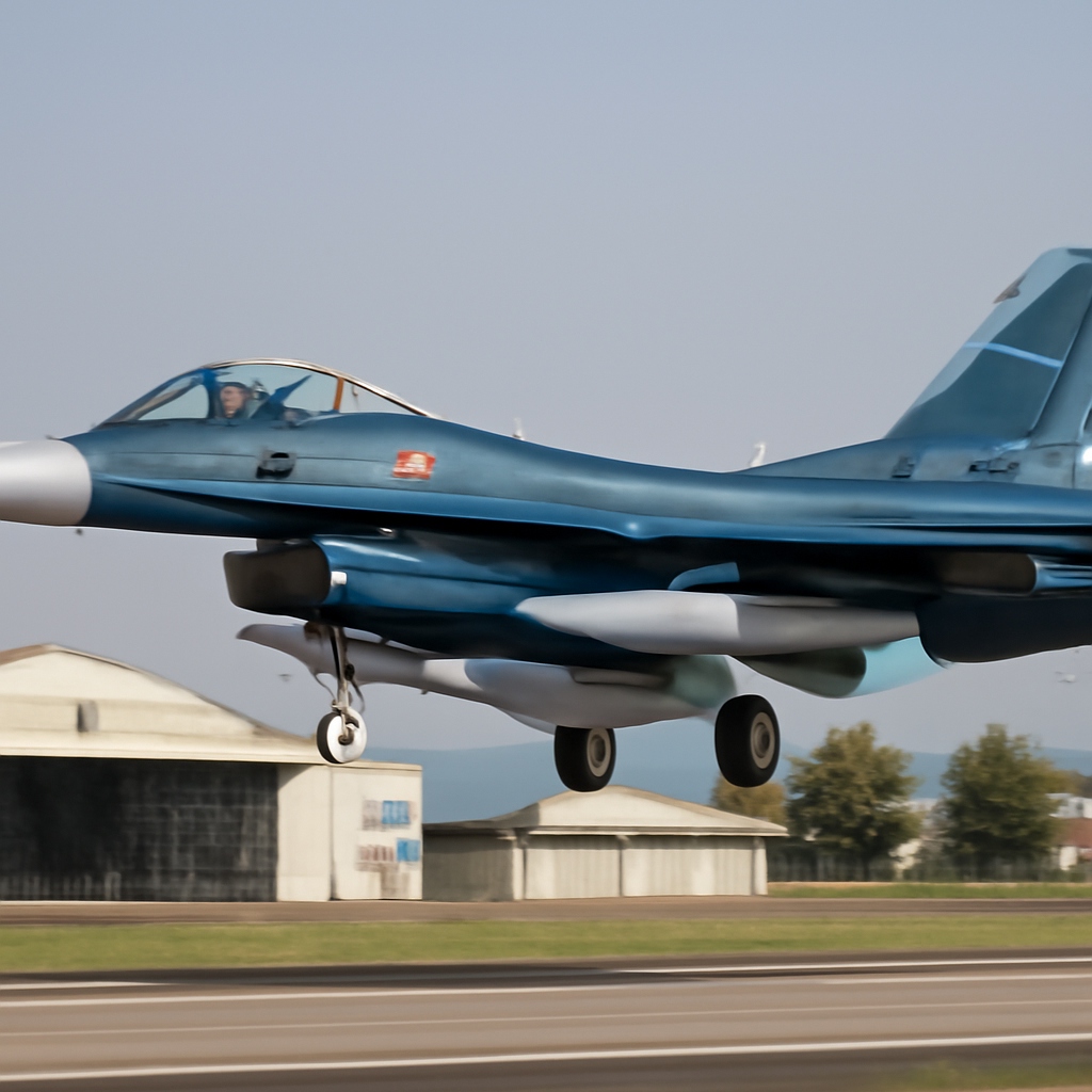 F-2 fighter jet with stealth cruise missiles on wing pylons takes off or lands at Gifu Air Base.