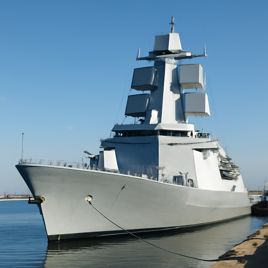 Warship with integrated mast and four rectangular radar arrays docked in harbor.