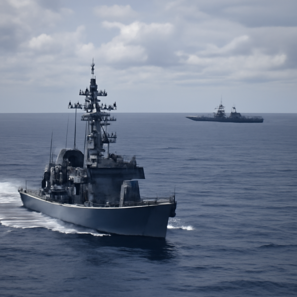 Japanese naval vessel underway in Pacific with distant island, PLA vessel nearby.