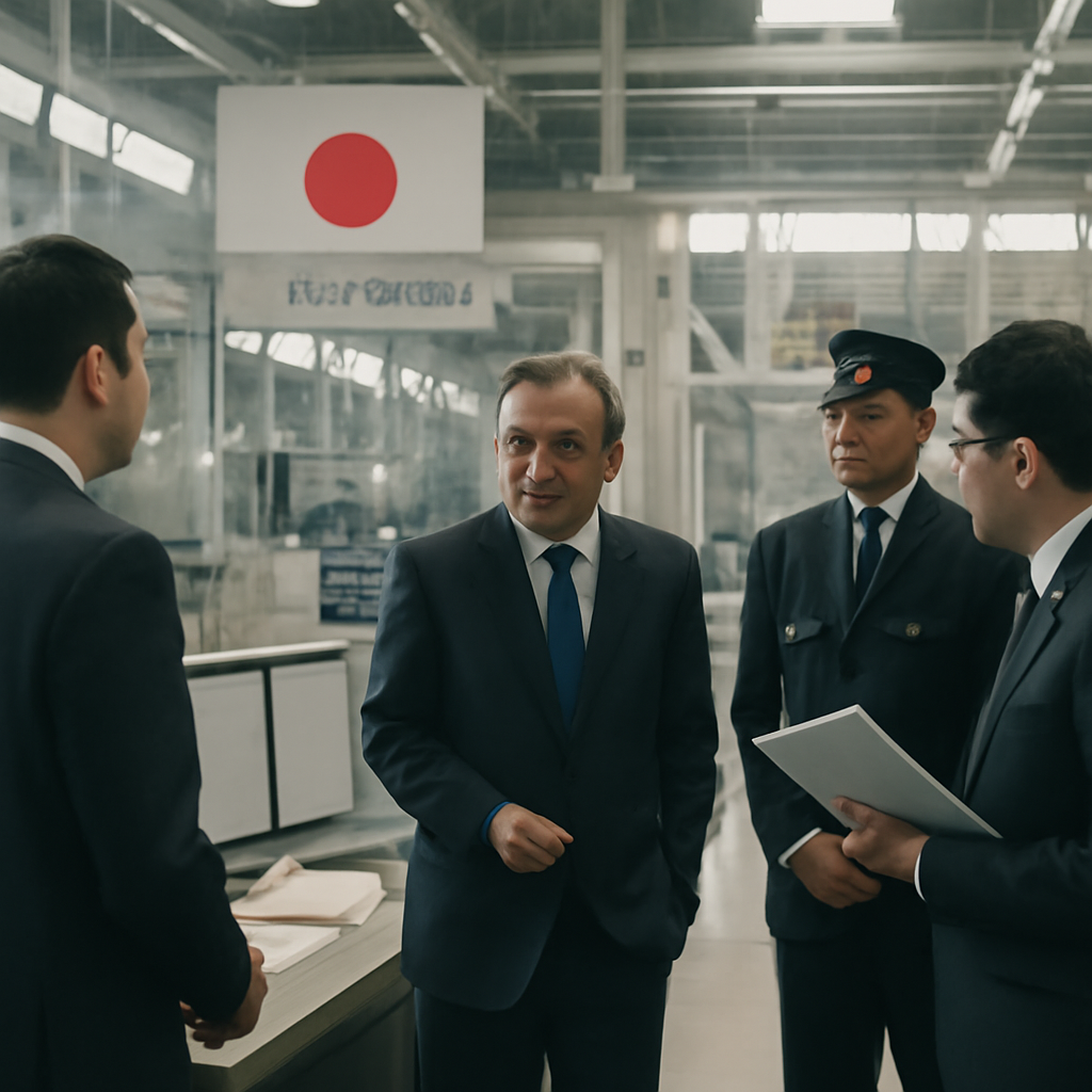 Suited officials stand in front of a modern industrial facility with a production line in the background.