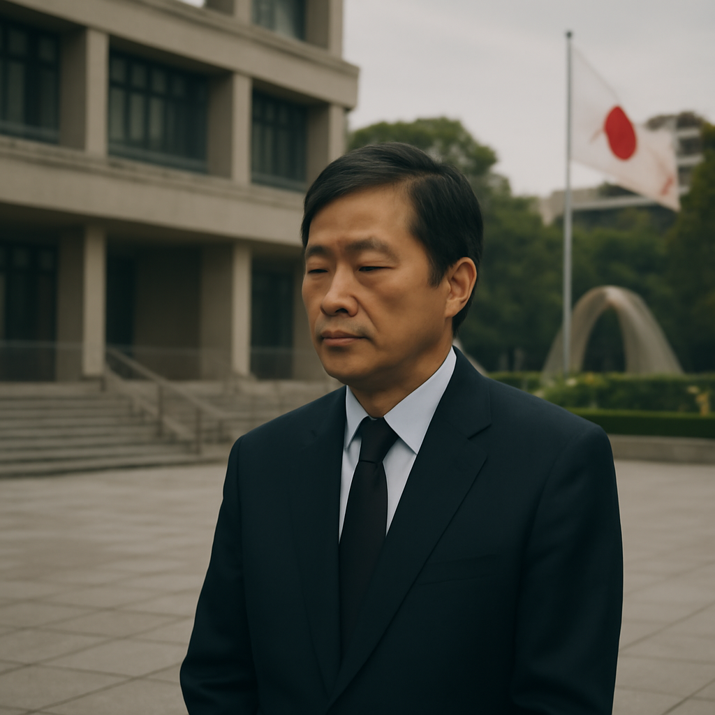 Serene Japanese government building scene with official in contemplative pose.