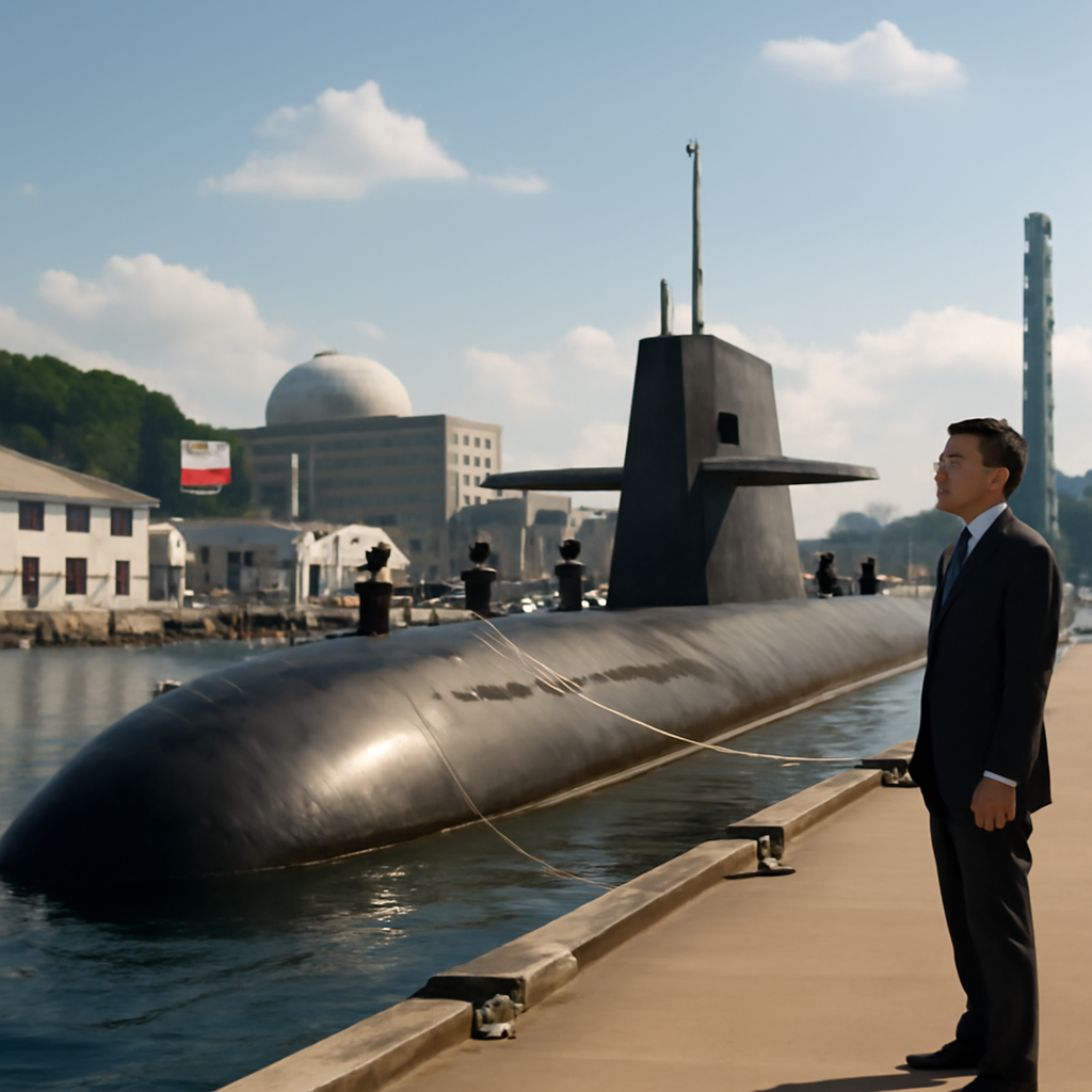 Modern submarine docked at Japanese naval base with official contemplating its presence.