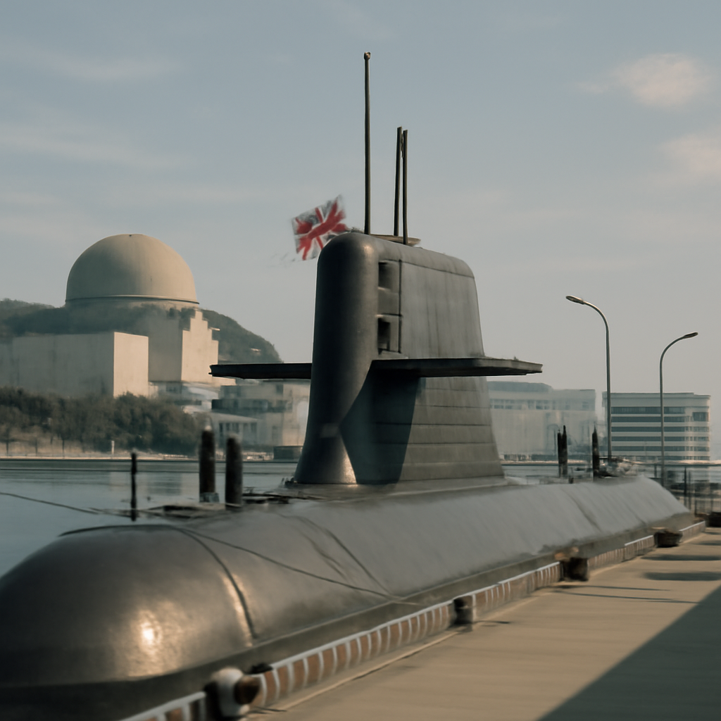 Modern submarine docked at Japanese naval base with sailors in distance.