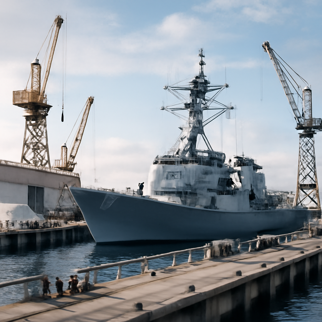 Modern warship in a naval shipyard with cityscape and industrial elements in the background.