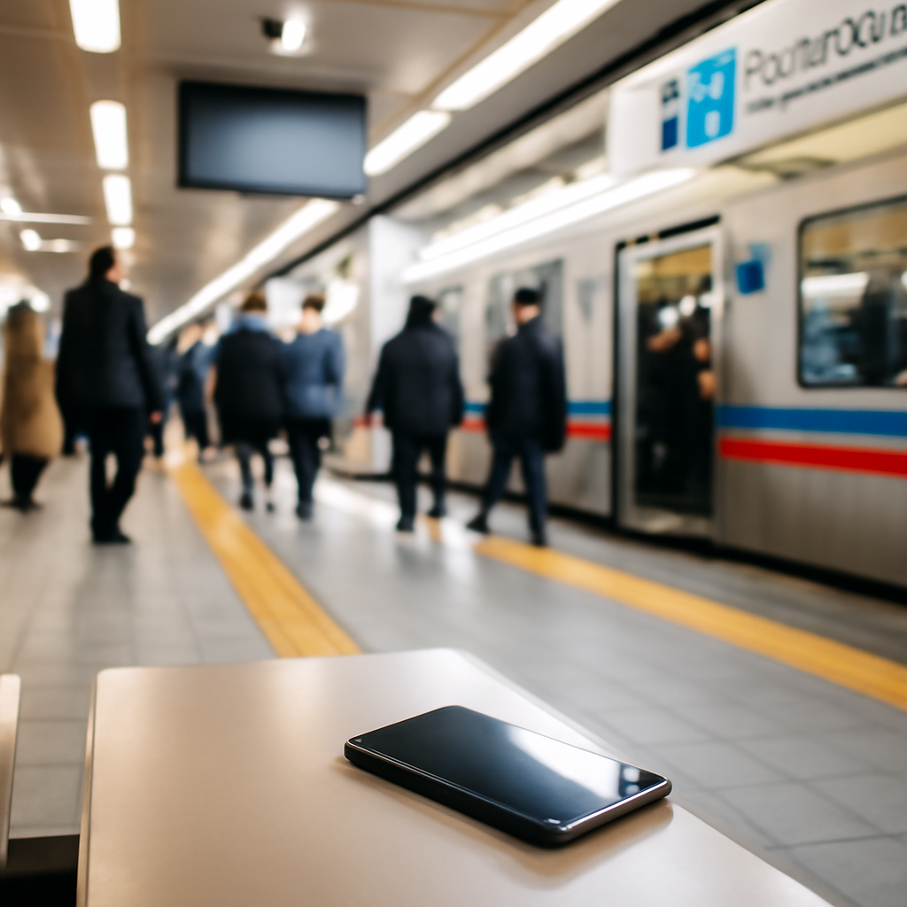 Busy Tokyo Metro subway station platform with abandoned tablet in foreground.