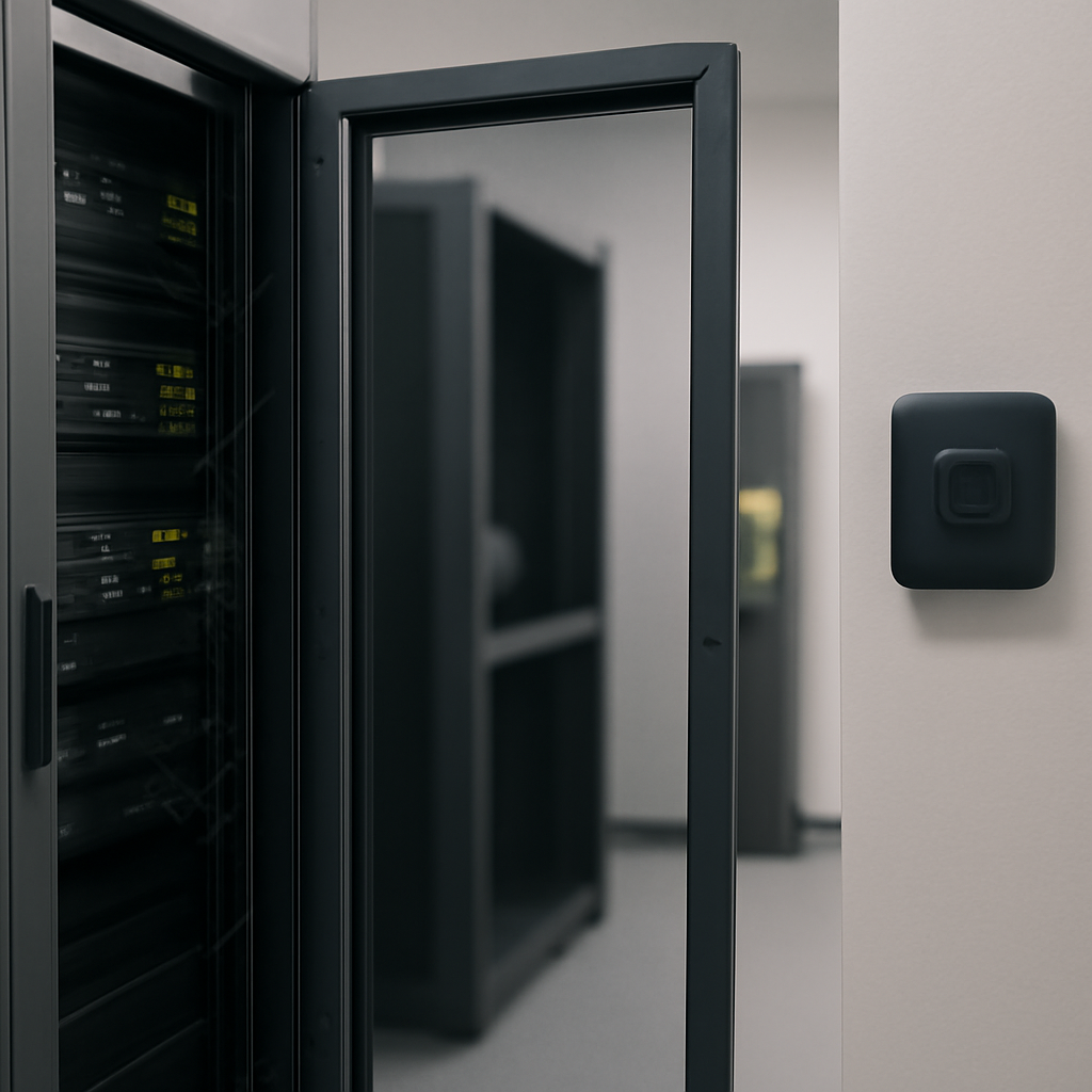 Server room with open cabinet and empty rack space, showing security access panel.