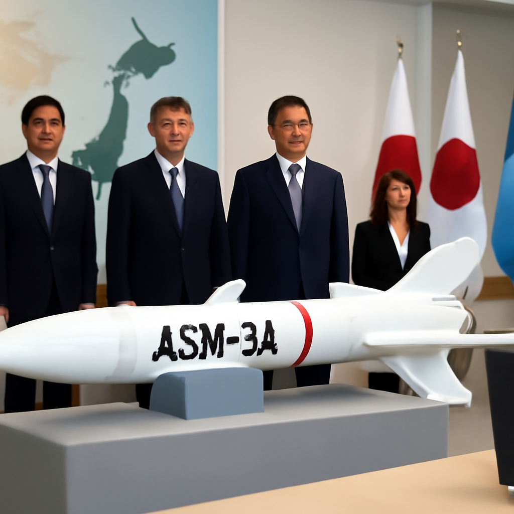 Officials in formal attire gather around a modern missile model on a podium.