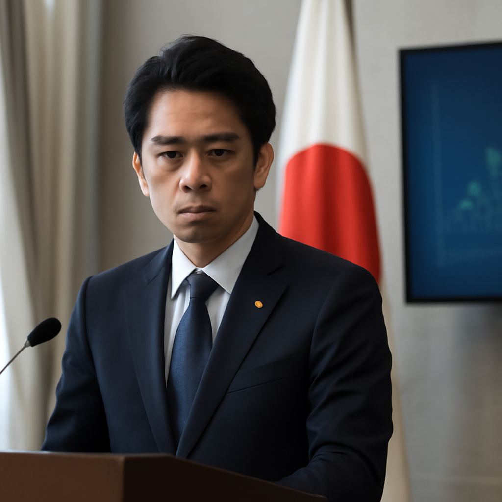 Defence Minister Shinjiro Koizumi addresses an audience in a formal briefing room with a serious expression and financial…